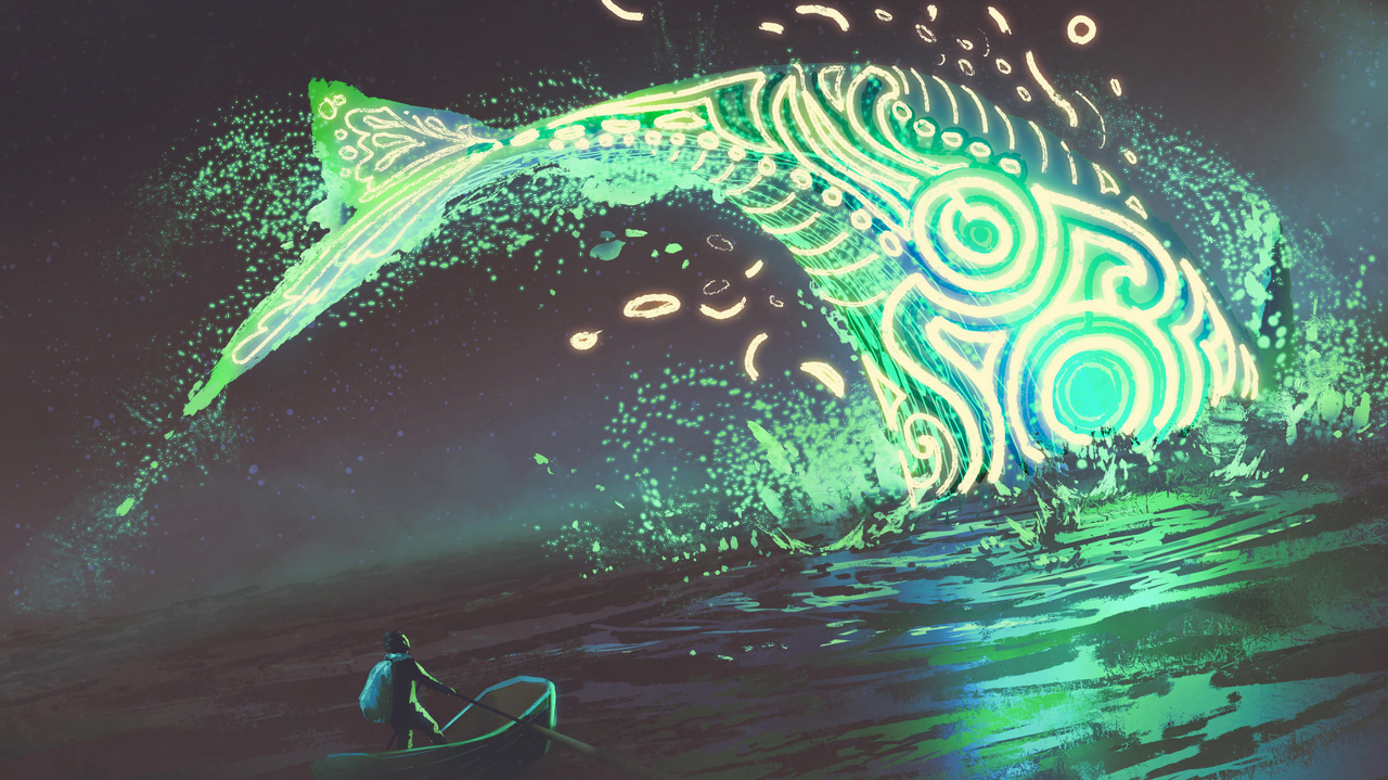 Man on boat looking at the jumping glowing green whale in the sea, digital art style
